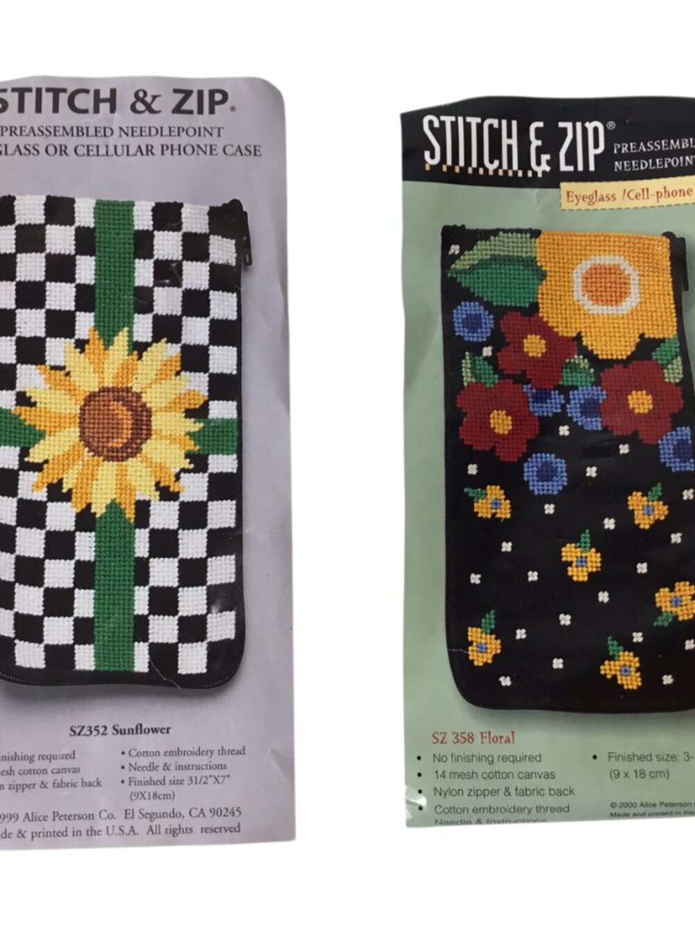 Needlepoint Eyeglass Sunglass Case 2 Kits Stitch & Zip Sunflower Alice Peterson